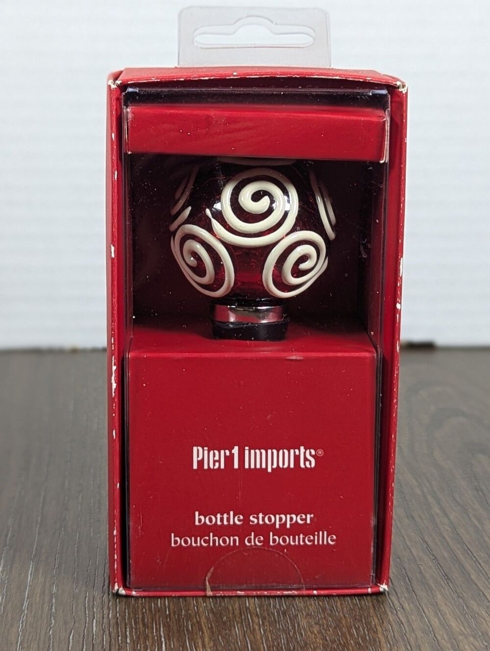 PIER 1 IMPORTS Sphere Glass Wine Bottle Stopper Red White Swirls Christmas Artsy